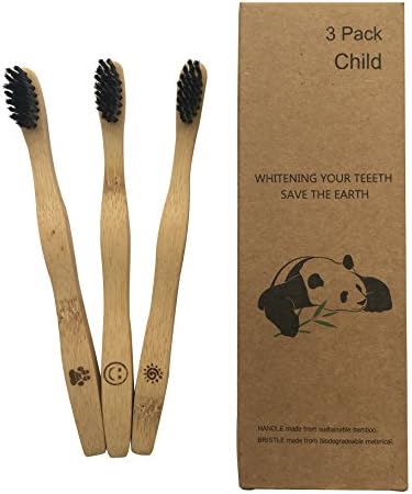 Children's Bamboo Toothbrush Heads Set of 3 with bamboo wood handle and soft 100% Bamboo Carbon Brushes Recycleable Environmentally Friendly