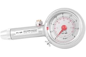 Flaig Reifendruckmesser 0-4 bar ? Qualität Made in Germany - Präziser Luftdruckprüfer mit Ablassventil & Geradanschluss, ± 1% Messgenauigkeit, für Motorrad, Auto, Wohnmobil, MTB & mehr