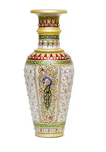 Aapno Craft Designer Decorative Marble Flower Vase | Round Shape Beautiful Peacock with Feathers Showpiece Vases for Home Decoration (Multicolor, 12.5x12.5x30 cm) 12 Inch