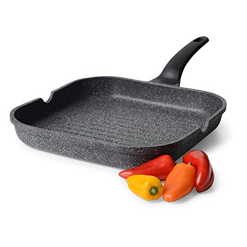 ProCook Granite - Grande Poêle Grill Induction - Revêtement antiadhésif Effet Pierre - Garantie sans PFOA - Manche Isolant Bakélite - Poêle Grill 28cm