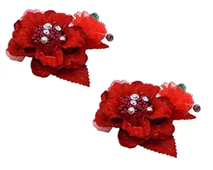 Majik Set Of 2 Pcs Flower Clips Brooch Hair Accessories Beads Flowers Hair Pins For Women Girls 20 Grams Red Pack Of 1