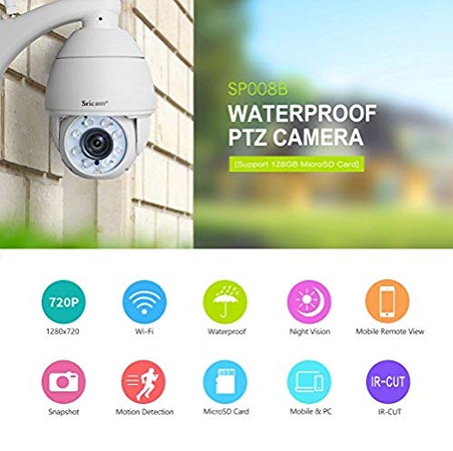 Caméra de sécurité WiFi extérieure, Sricam Caméra IP sans Fil, Dôme étanche IP66, Panoramique/Inclinaison avec des alertes de Movement Vision Nocturne Intérieur d'intérieur