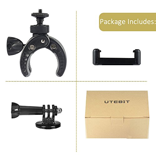 UTEBIT DSLR Camera Clamp Max Load 2.5Kg + Cellphone Tripod Adapter Set 5.4-10.2cm Smartphone Tripod Mount for 4-6.8 Inch Phone 17-35mm Bicycle Handlebar Mount for Pipe, Bike Motorcycle Handbar