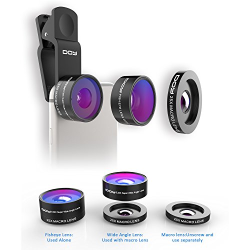 Fisheye-Lens-DOY-4-in-1-Clip-On-Lens-Kits-205-Degree-Fisheye-Lens-032X-Wide-Angle-Lens-225X-Macro-Lens-for-iPhone-766s-Plus5SE-LG-HTC-Huawei-Samsung-and-Most-Smartphones-Black