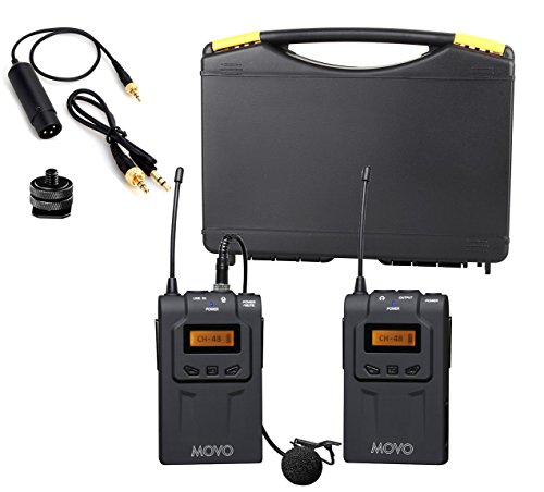 Movo WMIC70 Sistema de micrófono de Solapa inalámbrico UHF de 48 Canales con Omni-Lav, Montaje de cámara y Salidas 3,5mm/XLR (Rango de 100m)