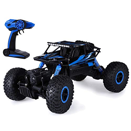 SKM 2.4GHz 1:18 Coche RC Radiocontrol Teledirigido Escalada Camión de Juguete 4WD Roca Rastreador Todoterreno Carrera (Azul con USB Cable)
