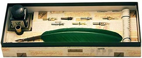 Green Feather Quill with 7 Nibs and Booklet Ink Holder Set by Coles Calligraphy