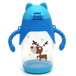 Koochie-Koo Plastic One Touch Open Cute Cartoon Deer Printed Twin Handle Sipper Bottle with Silicon Straw Drinking Sippy Cup for Kids ,Water Bottle for Baby Boy and Girl 300ml(Pack of 1, Blue)