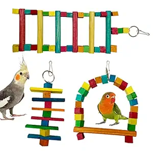 Congo Colored Ladder, Swing and Chew Toy Combo Pack for Budgies, Lovebirds, Finches, Cockatiel and Other Birds Set of 1 (Piece of 3)