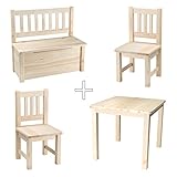 [Rabando] - Kindersitzgruppe 1x Kindertisch + 2x Kinderstuhl + 1x Kindertruhenbank unbehandelt Massivholz Kinderbank Truhebank Unbehandelt inkl. Spielzeugkiste Stauraum NEU+OVP
