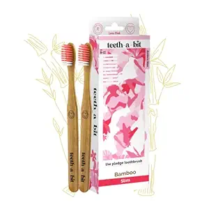 teeth-a-bit The Pledge Toothbrush Juniors (9-12 Years) Slim Handle with Gum Sensitive Soft Bristles Pack of 2 Bamboo Toothbrushes (Love Pink)