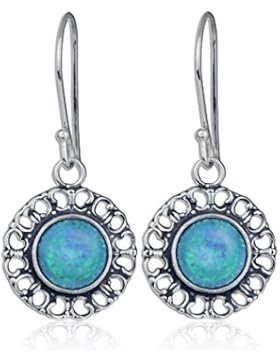 Elegante Ohrhänger mit blauem Feueropal und filigranen Herzen, rund, 925Sterlingsilber