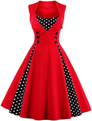 Oriention Womens 3/4 Sleeve Vintage 1950's Inspired Button Swing Evening Dress Rockabilly Pinup Bridesmaid Cocktail Gowns Ball Gown Party Dress (8, Sleeveless-Red/Dot)