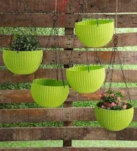 Hanging Baskets Rattan Waven Flower Pot Plant Pot with Hanging Chain for Houseplants Garden Balcony Decoration - 5 Pcs Green Color (White, 2)