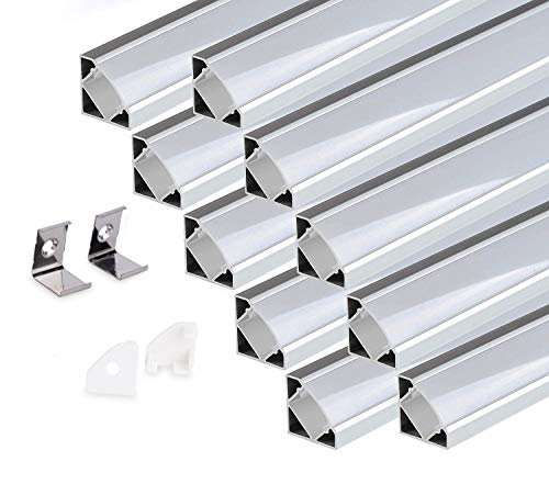 KingLed - 10 Pack Profilés Angulaires en Aluminium Anodisé LED de 1M chacun; Modèle 007 pour Bandes à LED avec Couverture Opaque en Plexiglas. Capuchons et Clips de fixation). Code1242