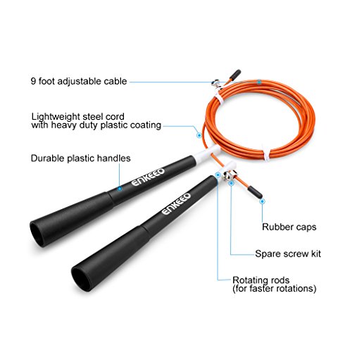 Enkeeo Profi Springseil Speed Rope mit 1 Ersatzseil leichtes verstellbares Stahlseil, Ideal für Sport & Fitness, Boxen, MMA, Faszien Training, Crossfit, WOD mit Transporttasche - 3