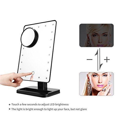 TFCFL Touchscreen LED Make-up Spiegel mit Lichter, 22 LED beleuchtete Vanity Kosmetik Spiegel mit abnehmbaren 10x Vergrößerungsspiegel für Tischplatte, Badezimmer, Schlafzimmer, Reisen, Rasieren, Schwarz - 2