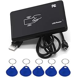 AMAO 13.56MHz RFID Lecteur de IC Carte à Puce USB Lecteur de Carte de proximité sans Contact USB Plug and Play + 5 x Badges RFID Chips 13.56Mhz Mif 1K de Porte-clés