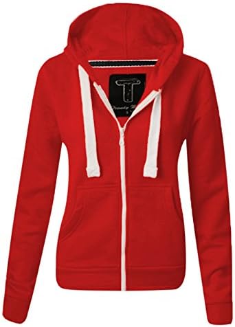 Ladies New Plain Casual Long Sleeve Pocket Hoody Top Womens Fixed Hood Stretch Front Zip Contrast Drawstring Detail Basic Hooded Jacket WOMENS PLAIN HOODIE LADIES HOODED ZIP ZIPPER TOP SWEAT SHIRT JACKET COAT SWEATER, SIZES (S-XL) (M, Red)