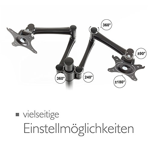 eSmart Germany Doppelarm-TV-/Monitor-Tischständer 25 – 76 cm (10 – 30 Zoll) neigbar VESA 75 x 75 bis 100 x 100 neigbar + schwenkbar + drehbar + Pivot-Funktion Schwarz Montagelöcher am TV max. 100 x 100 mm (Breite x Höhe) - 7