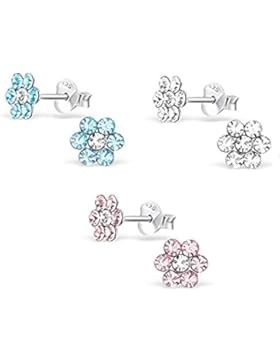 Katy Craig, Set mit 3 Paaren kleiner Blumen-Ohrstecker, Sterlingsilber, Blau, Klar & Rosa