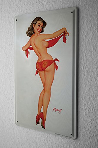 LEotiE SINCE 2004 Tin Sign Metal Plate Poster Plaque Baron sexy pinup girl from behind in red lingerie reveals the top 20x30 cm Vintage