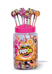 MAHAK Kandiez PopOn Lollipop Candy Jar 210 Pieces (770 gm) Assorted of 3 Delicious Milky Fruits (Strawberry, Caramel, Mango) Jolly Flavoured Lolipops Candy Pack of 1