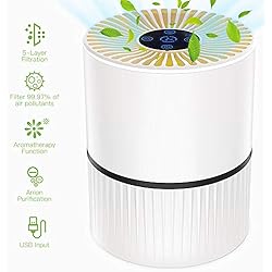 Purificateur d'air Anion, Filtre à Charbon Actif(5 étapes), Ultra Silencieux(<20db), Fonction Aromathérapie,3 Vitesse du vent,Elimine 99,97% de Fumée, Pollen,Poils d'animaux pour Maison, Bureau