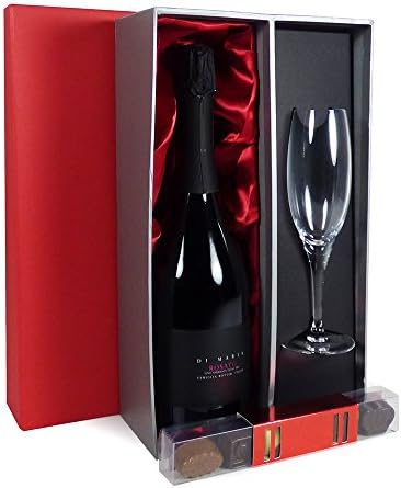 Di Maria Prosecco and Glass Flute Presented in a Red and Silver Gift Box with Belgian Chocolates - Gift Ideas for Valentine's Day, Birthday, Anniversary, Wedding, Gifts For Her, Wife, Fiancee, Girlfriend, Wife, Business, Corporate, Thank You, Congratulations and Well Done
