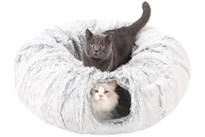 FUERDICH Cat Tunnel Bed for Indoor Cats Kittens, 30cm Plush Foldable Doughnut Nest Pet Tunnel Nest, Large Cat Donut Bed Tunnel Tube with Central Matt (Grey)