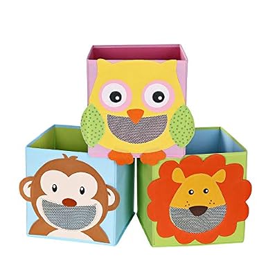 SONGMICS Lot de 3 Boîtes de Rangement, Organisateurs Jouets, Cubes Pliables, pour Salon, Chambre Enfant, Salle de Jeux, 27 x 27 x 27 cm, Motifs Animaux, Multicolore RFB01KU