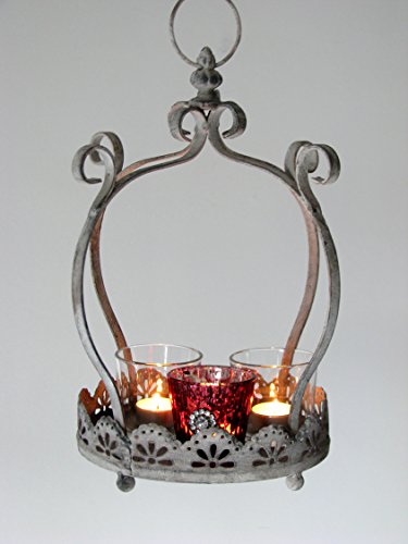 Teelichthalter, Gartenlaterne, Windlicht, Tablett „Krone“, Metall im Antik-Look, mit 3 Teelichthaltern. Höhe 36 cm, zum Stellen & Hängen - 3