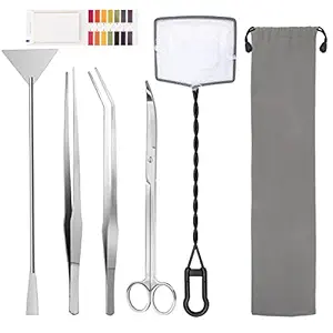 Liveek 6 in 1 Aquatic Plant Aquascaping Tool Stainless Steel Silver Tweezers Scissors Spatula for Fish Tank Clean Aquascape Tools Sets with Fishing net, 80p PH Paper(Silver)