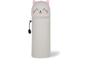 DGTSYAL Kawaii Federmäppchen, mäppchen, 2-in-1 Weiche Silikontasche, Cartoon Federmäppchen, Stand Up Federmäppchen, Tier Stifthalter, Stifte Mäppchen, Stifthalter Bleistifttasche Mädchen Junge (graue Katze)