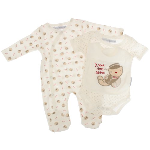 Baby Unisex Mr Ted Bear Design 3 Piece Set, Sleepsuit, Bodysuit & Bib (0-3 Months) (Cream)