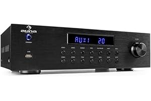 Auna Verstärker, HiFi Stereo Mini Verstärker, HiFi-Verstärker mit Bass & Treble Regler, 4 Kanal Audio-Verstärker, Stereo-Verstärker & Lautsprecher mit Fernbedienung & AUX Eingang, AV Receiver