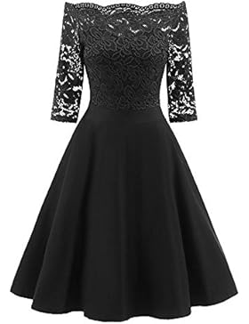 Loveso Damen Elegante Schulterfrei Trägerlose Spitzen Kleider Langarm Retro Rockabilly Noble Kleid Cocktailkleid...