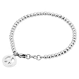 BeyDoDo Schmuck Edelstahl Armband mit Anhänger Friedenszeichen Rund Bead-Kette Armbänder Damen Silber