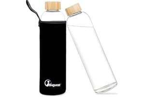 Bugucat Borosilicate Glass Water Bottle 1000ML, Reusable Bamboo Lid Drinking Bottle with Protective Sleeves,Juice Beverage Container BPA-Free Leak Proof for School Sport Yoga Gym Hot Cold Drinks