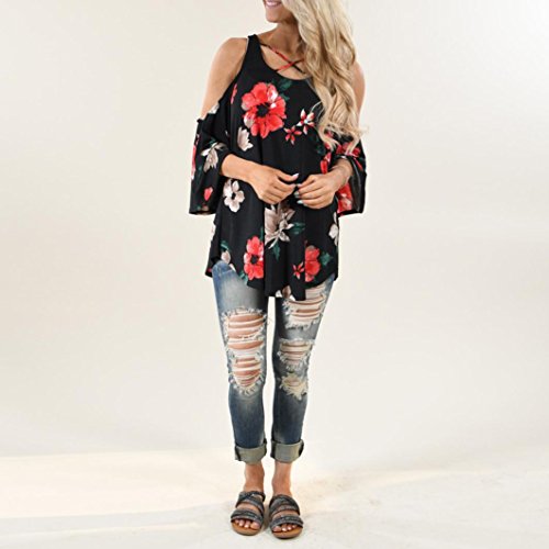 Damen Bluse Internet Blumen Druck T-Shirt Drei Viertel Hülse weg von Schulter Bluse (S) - 3