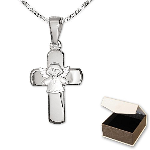 Clever Schmuck Set Kinderkreuz Anhänger 15 mm mit aufgesetztem Engel Kreuz tragend matt & Kette Panzer 40 cm STERLING SILBER 925 im Kreuz-Etui