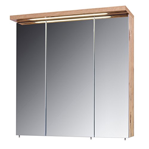 Preisvergleich Produktbild Spiegelschrank, Badezimmerschrank, Badschrank, Spiegeltürenschrank, Badspiegel, Hängeschrank, 3-trg. Silberfichte-Nachbildung, LED-Beleuchtung