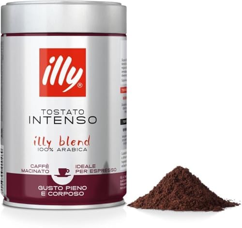 illy, Caffè Macinato per Espresso Tostato INTENSO, 100% Arabica con Note di Cacao e Frutta Secca, Retrogusto Pieno e Corposo, Confezione da 250g