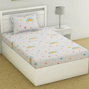 haus & kinder Trendy Prints Cotton Polka Dots Single Bedsheet : 88 inch by 58 inch for Kids with 1 Pillow 186 TC (Cream)