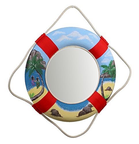 Wandspiegel Rettungsring Hawaii im Retro-Look handbemalt Unikat mit Signatur und Zertifikat Ø aussen 50 cm Ø Spiegel 30 cm exklusiv bei Nautic Spezial MV