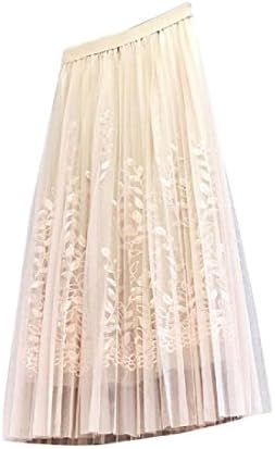 Doufine Womens Hollow Embroidery A-Line Net Yarn Fairy Long Skirt Beige OS