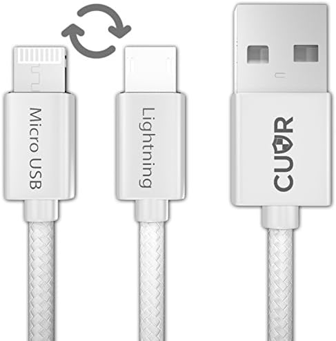 OneCable® 2-in-1 Lightning Cable &amp; Micro USB Charger | Braided Charging and Data Lead for Apple iPhone 5 6 6S 7 8 X Plus iPad Air Mini Pro iPod Galaxy S7 Edge PS4 Xbox (Silver)