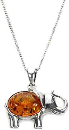 Sterling Silver &amp; Baltic Amber Large Elephant Pendant on Chain / Necklace - Chain 22"