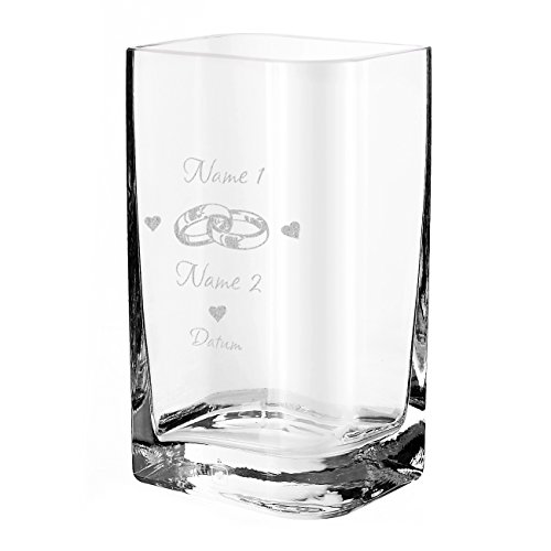 Leonardo gravierte Blumenvase zur Hochzeit mit Ringen und Namen des Paares