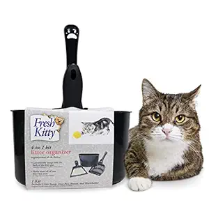 Fresh Kitty 4-in-1 Litter Box Organizer Cleanup Kit ? Cat Litter Box Cleaning Supplies ? Sweeper & Dustpan, Scooper, Storage Caddy
